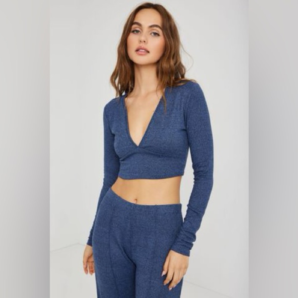 Long Sleeve Fitted Deep V-Neck Dark Denim Blue Crop Top Size Large